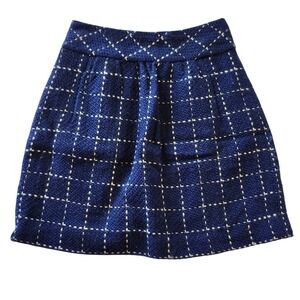 Maeve Anthropologie Blue Wool Tweed Windowpane Mini Skirt Size 6 Navy White